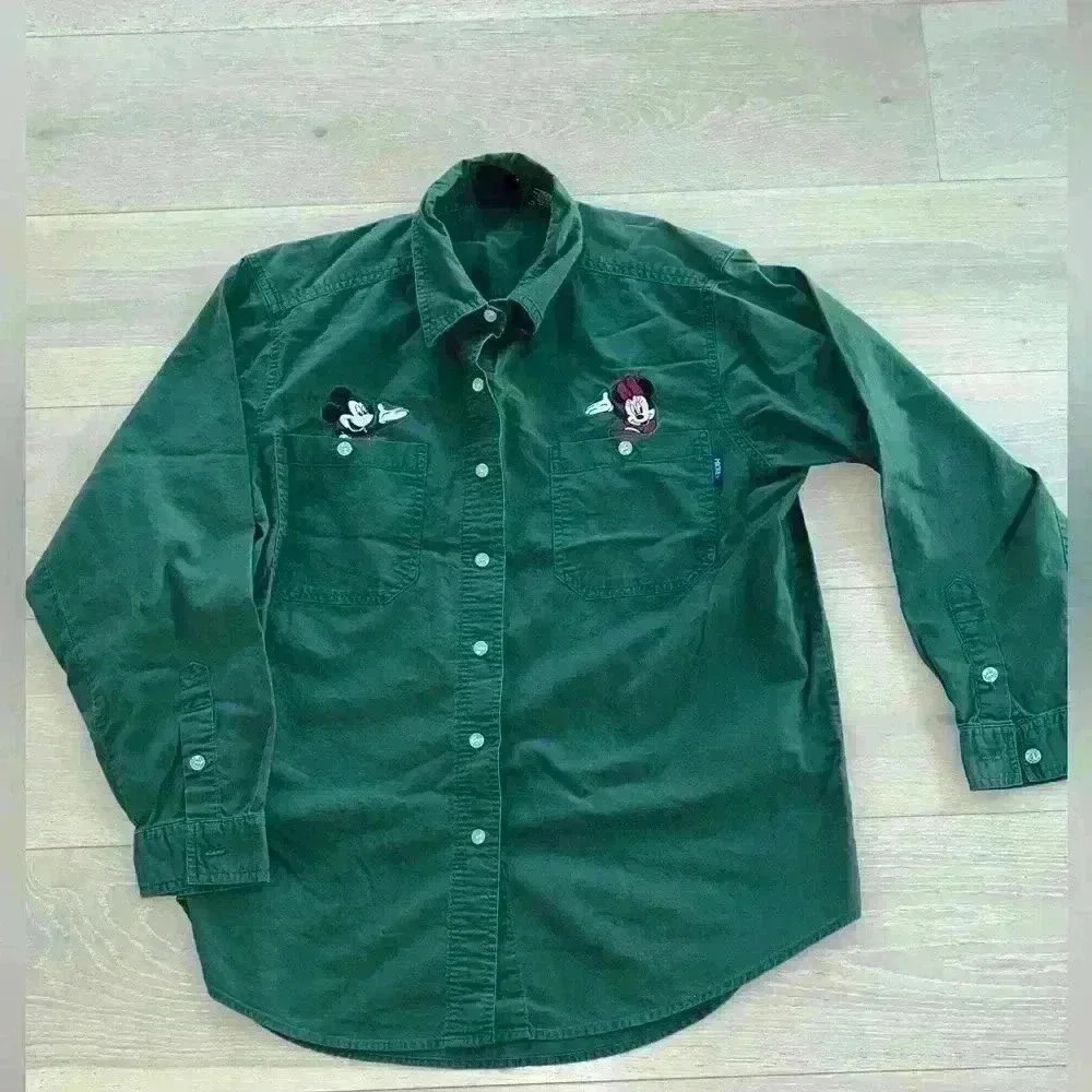 Vintage Mickey Minnie Mouse Unlimited X Jerry Leigh Button Down green shirt sz M